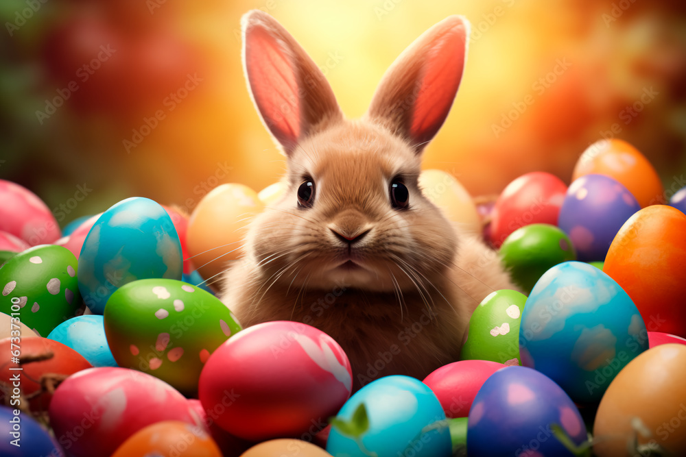 Happy Easter Bunny surrounded by a multitude of colorful Easter eggs. Happy Easter Bunny surrounded by a multitude of colorful Easter eggs.