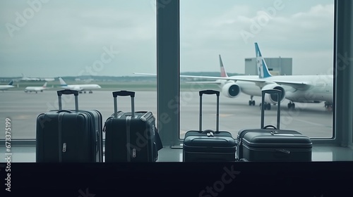 Suitcase luggage is in the airport terminal, with airplanes outside the window on background © Ilia