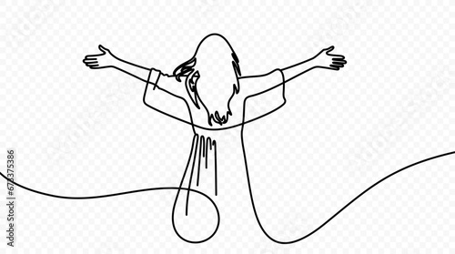 Continuous one line drawing of happy woman raised her hands up vector design. Single line art illustration of woman enjoying life on transparent background