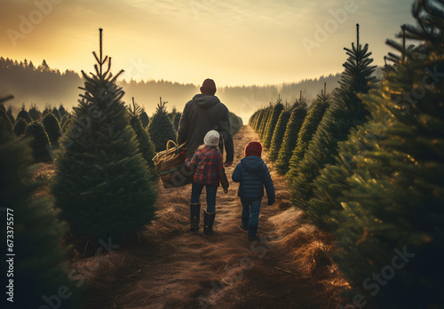 choosing Christmas tree, Family buying tree, Tree Farm, winter market, chrismas symbol, New Year concept, winter holidays concept photo