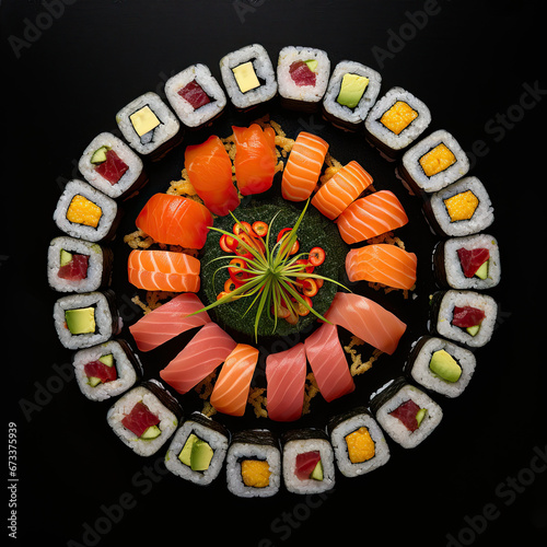 Assorted sushi set arranged in a circular pattern on a black background.