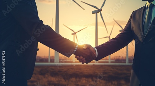 Double exposure graphic of business people handshake over wind turbine farm and green renewable energy worker interface. Concept of sustainability development by alternative energy. photo