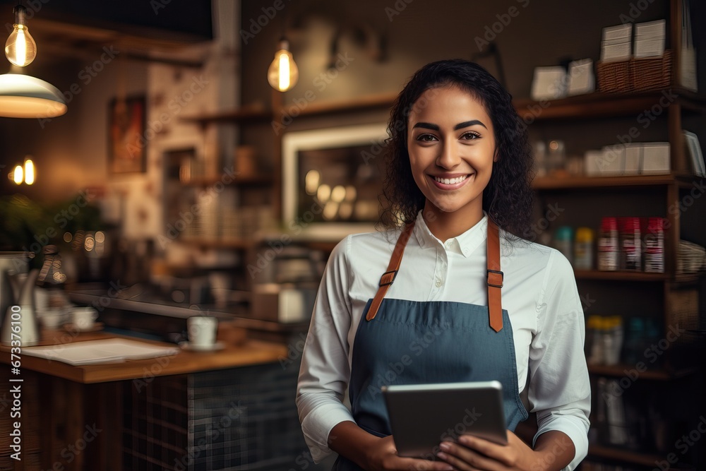 Happy woman, tablet and portrait of barista at cafe for order, inventory or checking stock in management. Female person, waitress or employee on technology small business at coffee shop restaurant - obrazy, fototapety, plakaty 