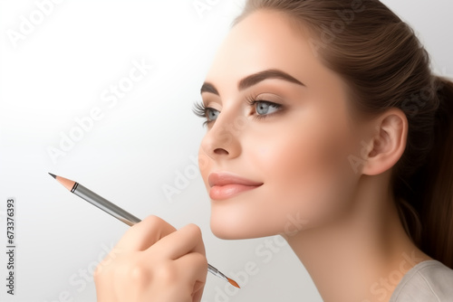 Photography european Girls Model use a eyebrow pencil to Makeup her eyebrows . You can use it in your advertising or other high quality prints. photo