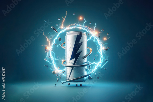 Creative concept banner to advertise an energy drink in an aluminum can. ai generative