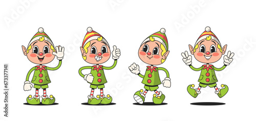 Retro Style Christmas Elves Cartoon Characters In Vintage Attire, Complete With Pointy Hats And Mischievous Grins