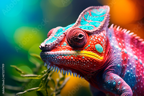 Closeup view of a brilliantly colorful chameleon lizard displaying its vibrant hues and intricate patterns. Bright image. 