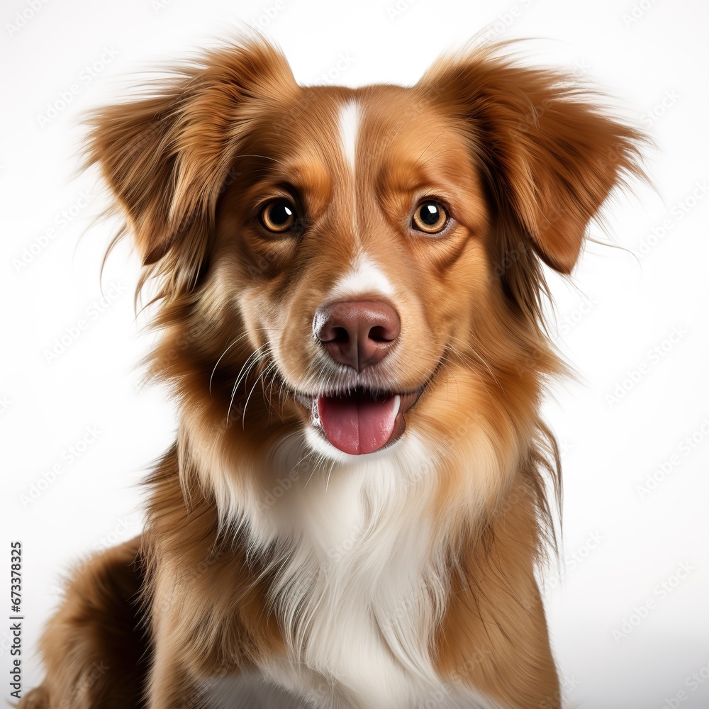 Portrait of a beautiful red and white border collie sitting on white background