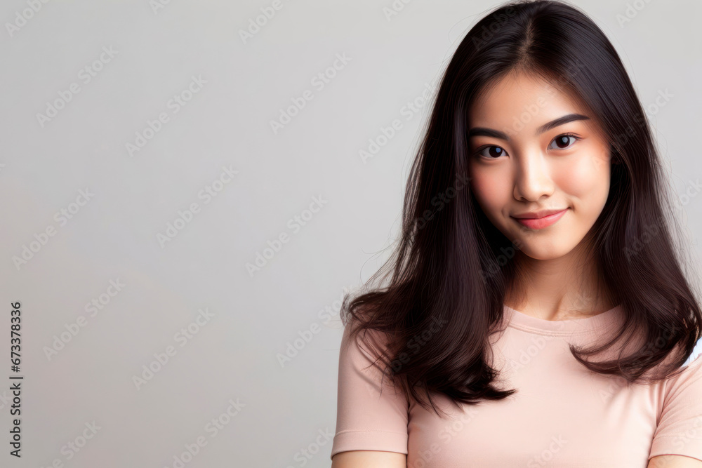 portrait of asian pretty young woman isolated on flat background with copy space. ai generative