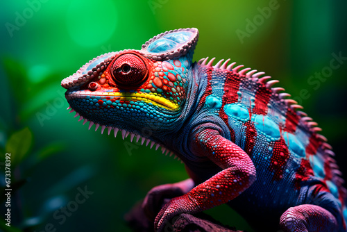 Closeup view of a brilliantly colorful chameleon lizard displaying its vibrant hues and intricate patterns. Bright image. 