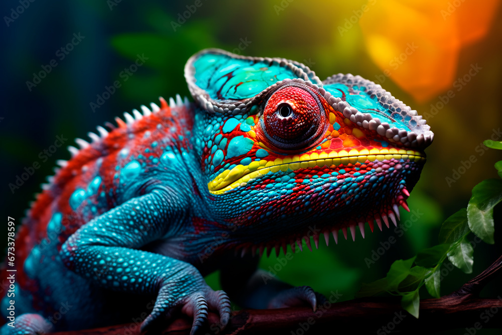 Closeup view of a brilliantly colorful chameleon lizard displaying its vibrant hues and intricate patterns. Bright image. Closeup view of a brilliantly colorful chameleon lizard displaying its vibrant hues and intricate patterns. Bright image.