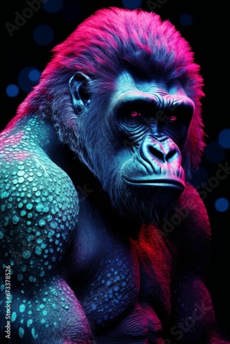 Portrait of an adult gorilla with bright pink and blue colors, AI-generated. photo