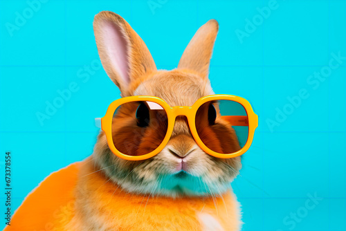 A cool bunny with sunglasses on a colorful background  accompanied by Easter eggs. Bright image. 