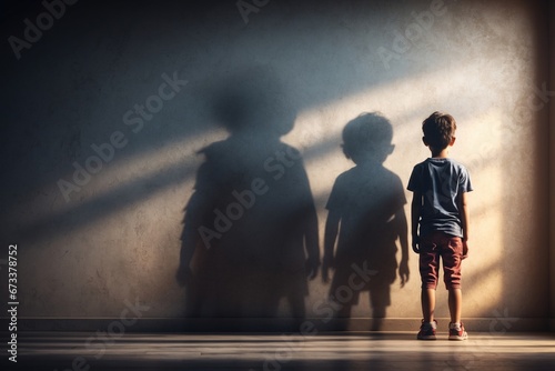 strong kid stand near wall with monster shadow. ai generative