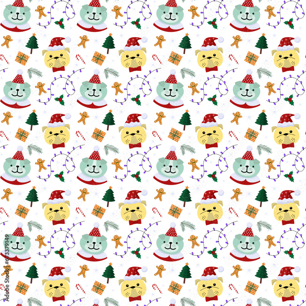 Seamless pattern with bulldogs in carnival costumes. Cute dog faces. Decorative elements for Christmas and New Year. Gifts in boxes, gingerbread man and holly, garlands and Christmas trees. Vector