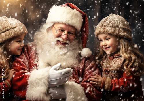 Santa Claus in happy conversation with children with falling snow. AI generative