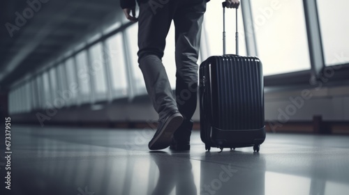 Man walking with Suitcase luggage is in the airport terminal, with airplanes outside the window on background