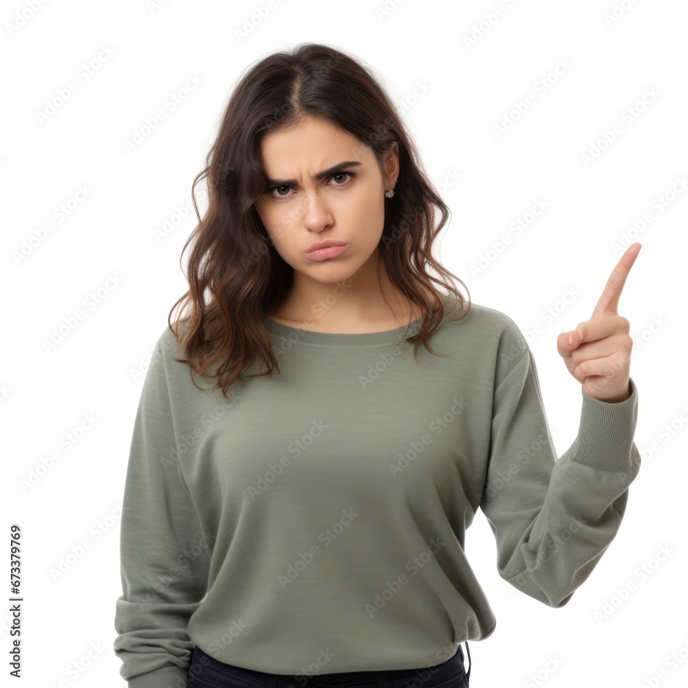 Expressing upset emotions, a young woman points her finger. Expressing upset emotions, a young woman points her finger.