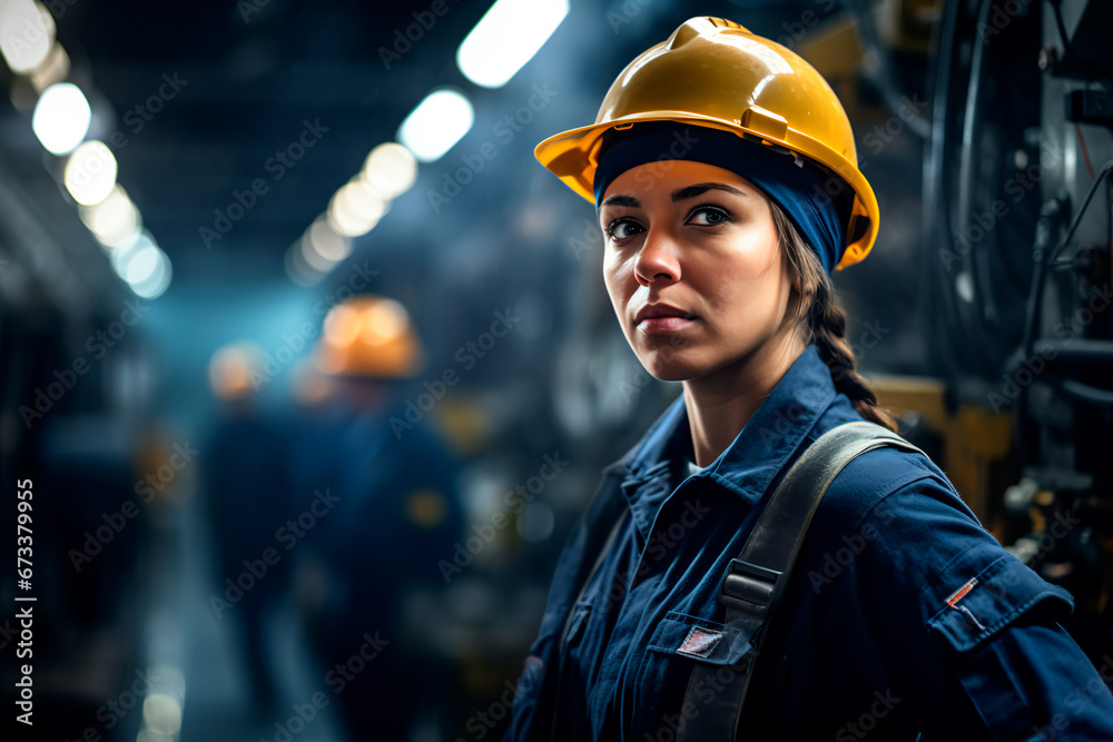 A female factory worker, wearing a safety helmet, in the background of a production line.
A female factory worker, wearing a safety helmet, in the background of a production line.