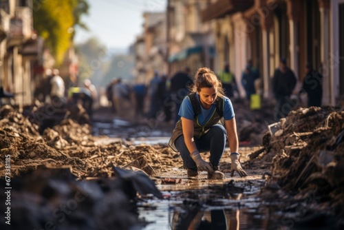Volunteers working together to clear debris from the streets of a damaged city.