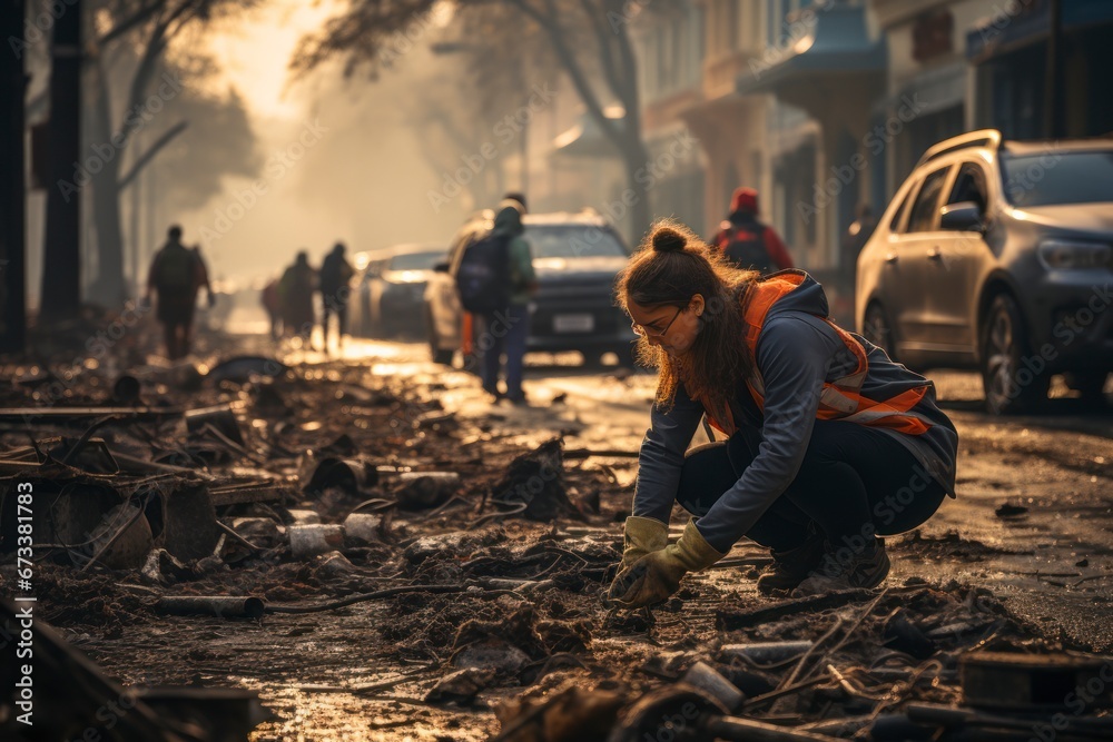Volunteers working together to clear debris from the streets of a damaged city.