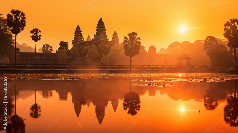 Fototapeta premium Angkor Wat, Cambodia, during the golden hour at sunrise, warm hues, intricate stone carvings visible, mist lifting off the moat, reflection in water