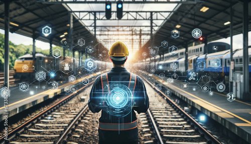 An engineer in a helmet stands on the railway tracks in the depot, the interface and control icons are visualized in front of him.