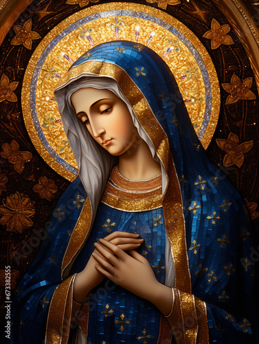 Virgin Mary, intricate detailing in golden tesserae for the halo, gentle and soft light illuminating the face