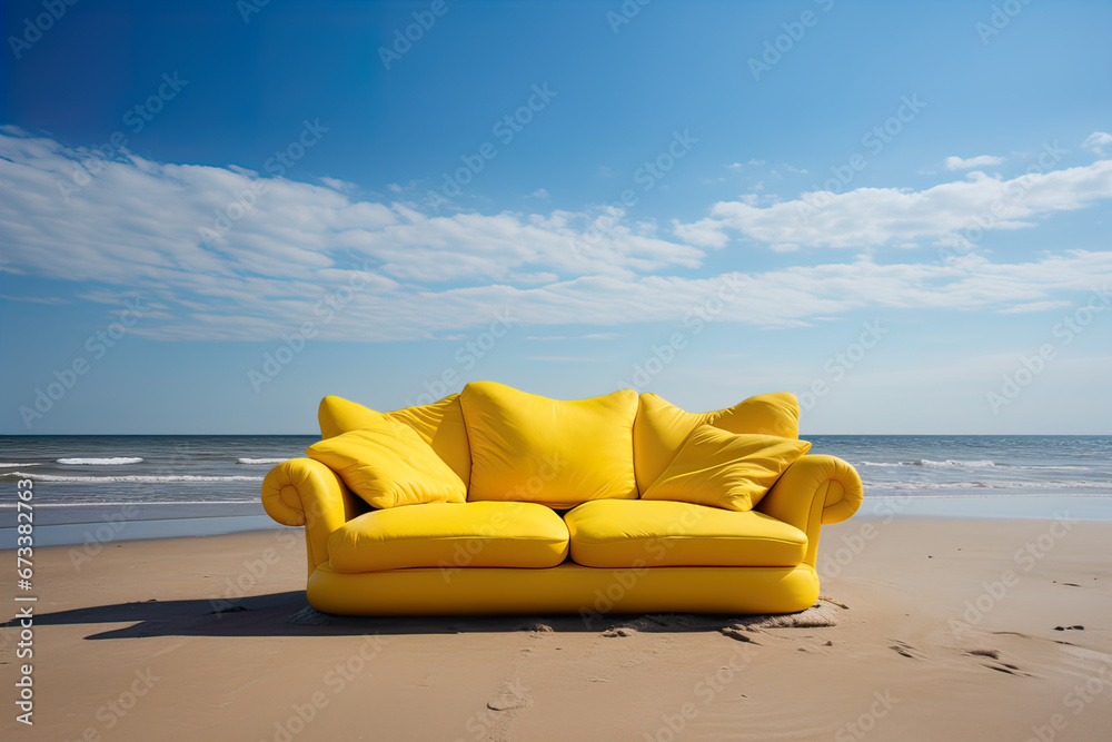 Yellow two-seater sofa on the beach. Generative AI Yellow two-seater sofa on the beach. Generative AI