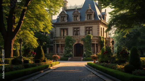 rand Victorian mansion, lush gardens in the front, cobblestone pathway leading to the entrance, pristine condition, golden hour lighting, details carved on wooden doors photo