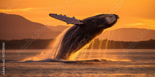 Humpback whale breaching at sunset, fiery colors reflected on water surface, vibrant, dramatic © Marco Attano