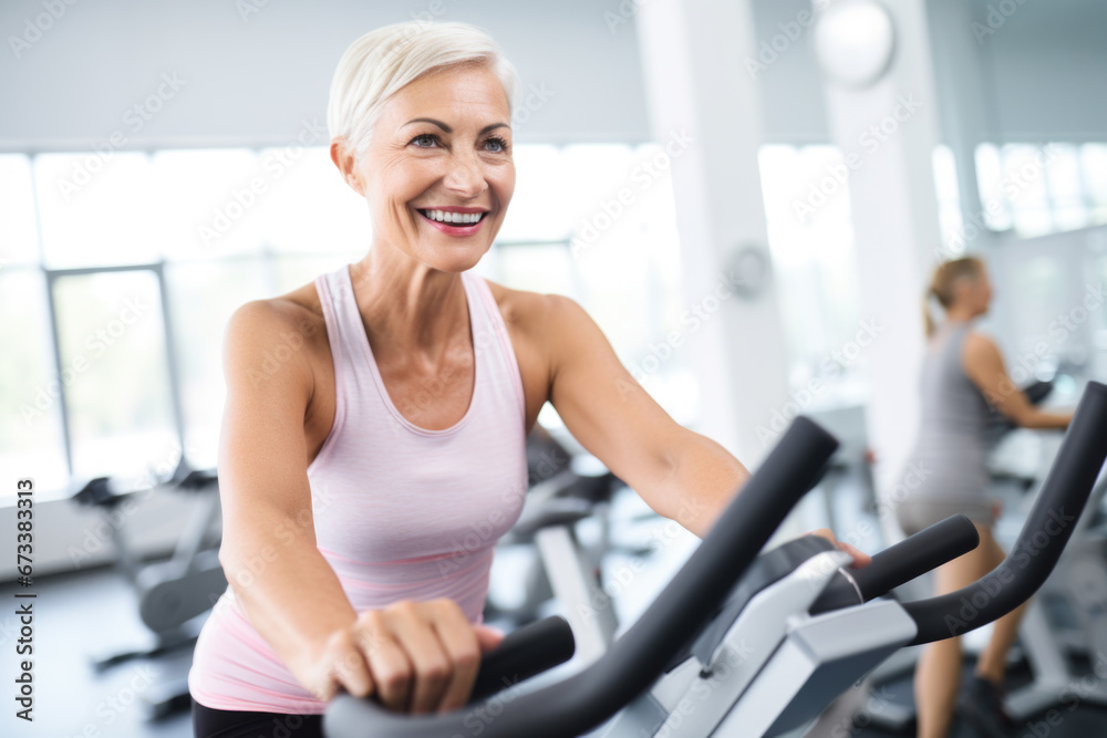 Smiling happy healthy fit slim senior woman with grey hair practising indoors sport with group of people on an exercise bike in gym.	
