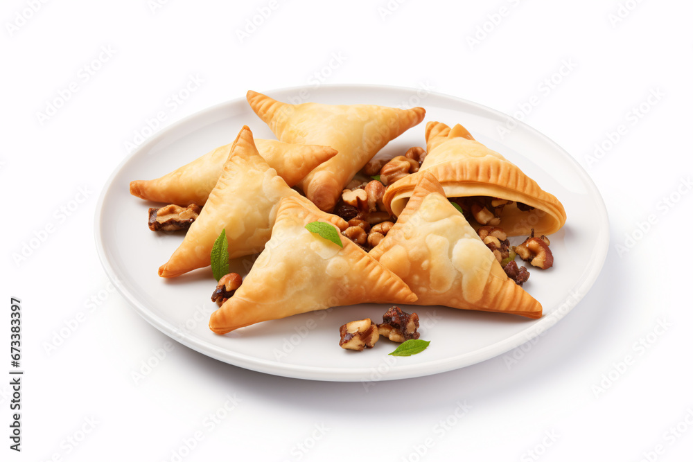 Mini samosas filled with hot nuts and legumes, isolated on a white background. Mini samosas filled with hot nuts and legumes, isolated on a white background.