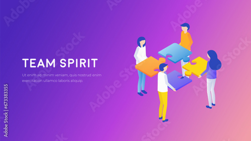 Team work isometry concept. Business puzzle future vector. Business people work in team.  