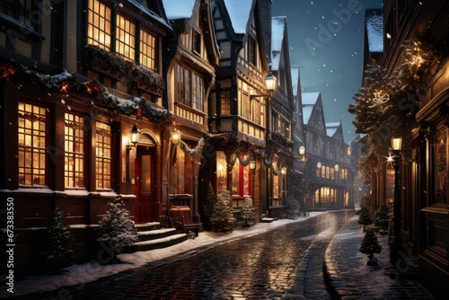 Christmas winter city street with small houses poster. Background for greeting cards  postcards  letters  labels  web  etc.