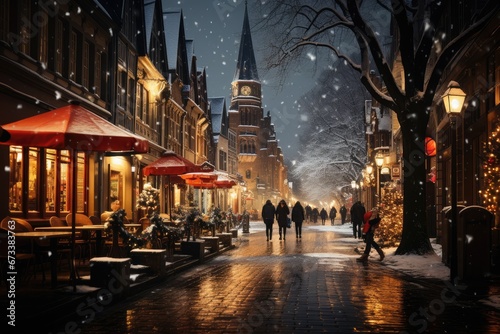 Christmas winter city street with small houses poster. Background for greeting cards, postcards, letters, labels, web, etc. © Irina Mikhailichenko