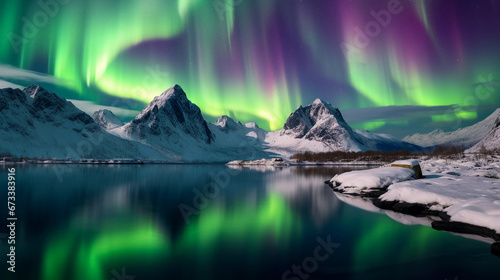 Northern Lights over an icy fjord  Norway  vibrant green and purple colors  water reflections