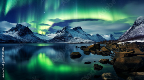 Northern Lights over an icy fjord, Norway, vibrant green and purple colors, water reflections © Marco Attano