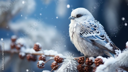 A blue and white bird sits on a snowy branch in the snow.