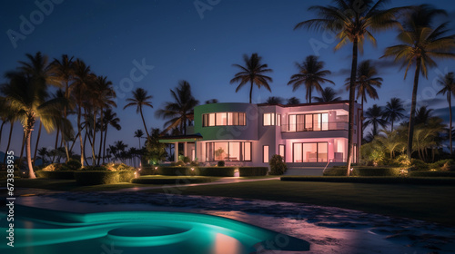 Oceanfront mansion, art deco design, neon-lit exterior, palm trees swaying in the wind, full moon illuminating the property © Marco Attano