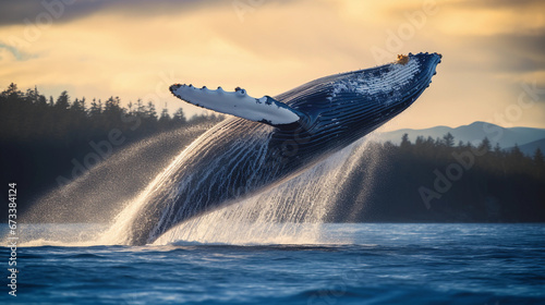 blue whale gliding underwater, lens flare from the sunlight penetrating the ocean, calm, tranquil, natural marine environment