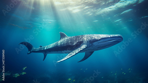 blue whale gliding underwater, lens flare from the sunlight penetrating the ocean, calm, tranquil, natural marine environment