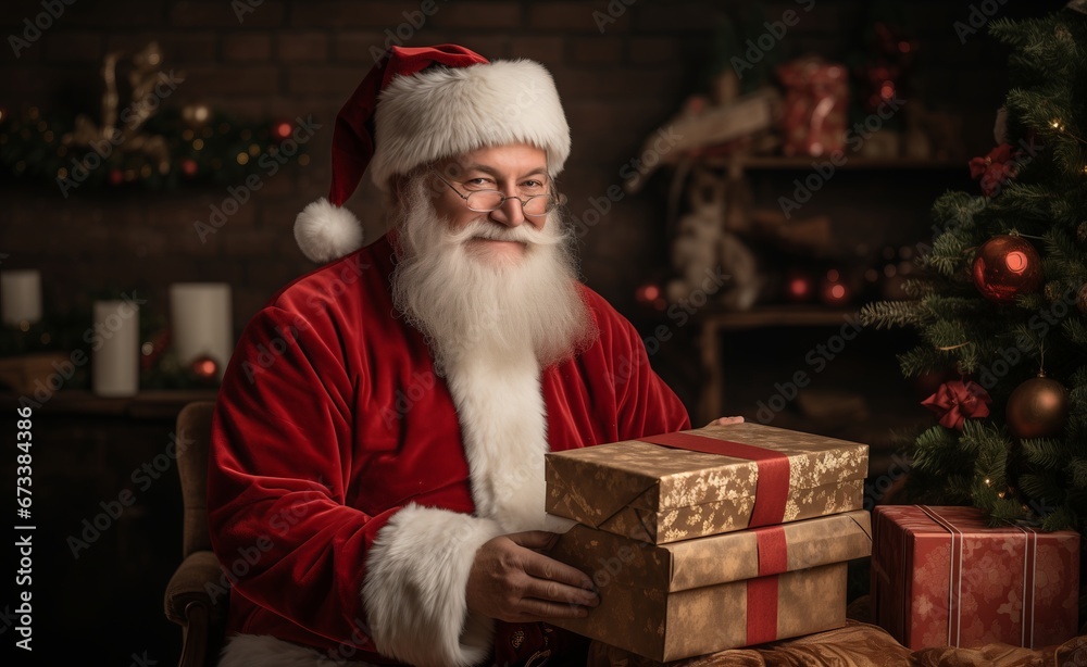 © Oleksandr - Santa Claus joyfully holding beautifully wrapped Christmas gifts while surrounded by a magical holiday atmosphere, celebrating the festive season © Oleksandr - Santa Claus joyfully holding beautifully wrapped Christmas gifts while surrounded by a magical holiday atmosphere, celebrating the festive season