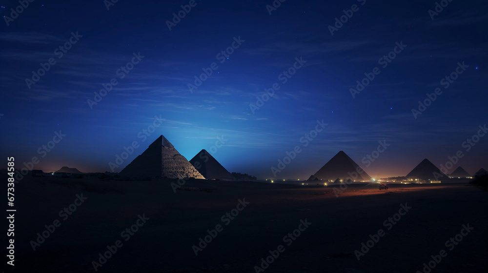 The Pyramids of Giza in Egypt, as seen during the blue hour, camel silhouette in the foreground