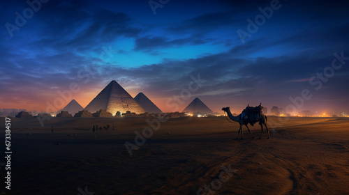 The Pyramids of Giza in Egypt, as seen during the blue hour, camel silhouette in the foreground
