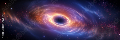 Supermassive black hole at the center of a distant galaxy, gravitational lensing effect, glowing accretion disk, celestial color palette, dark matter halo photo