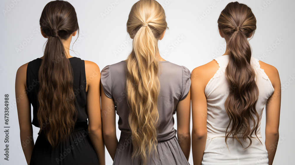 A female with various ponytails viewed from the rear stands against a blank white backdrop. - obrazy, fototapety, plakaty 