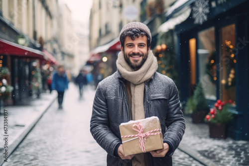 Young happy smiling man in winter clothes at street Christmas market in Paris. Christmas shopping. concept, holding gift box.