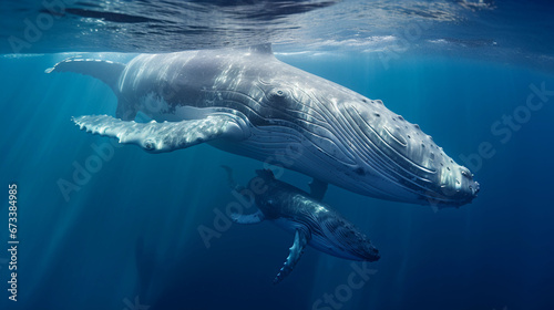 Two humpback whales, mother and calf, intimate moment, soft aquatic lighting © Marco Attano