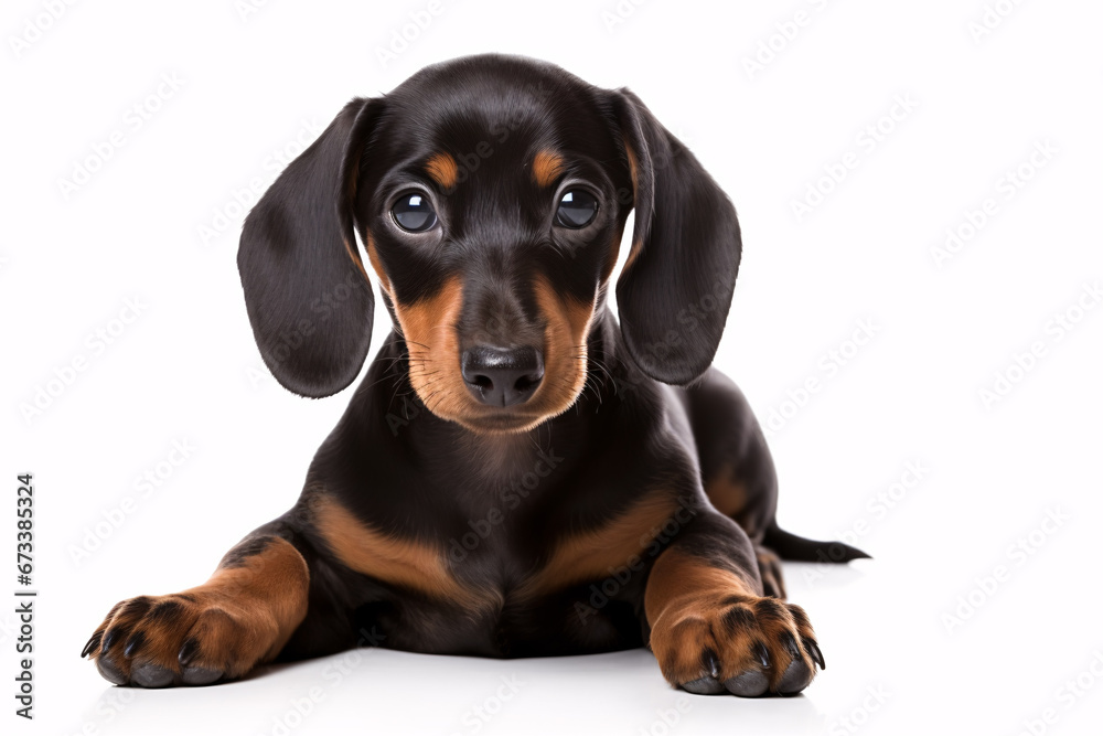 A dachshund is solitary on a bright white surface.
